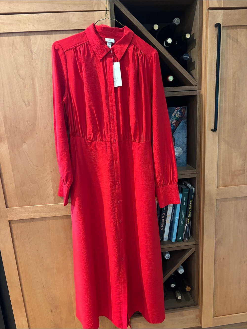 a new day Red Long-Sleeve Button-Front Midi Shirt Dress